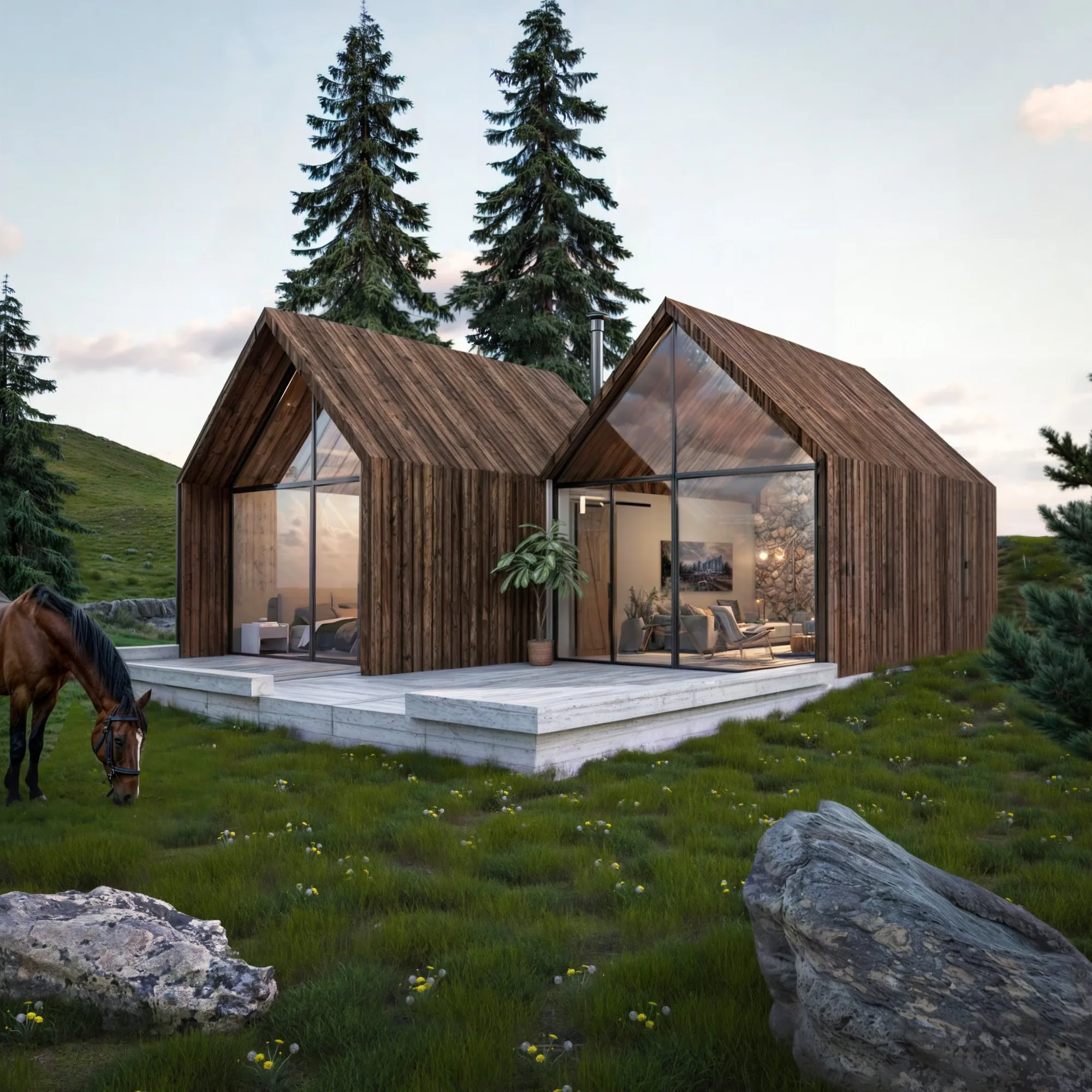 Render de cabañas modulares de madera