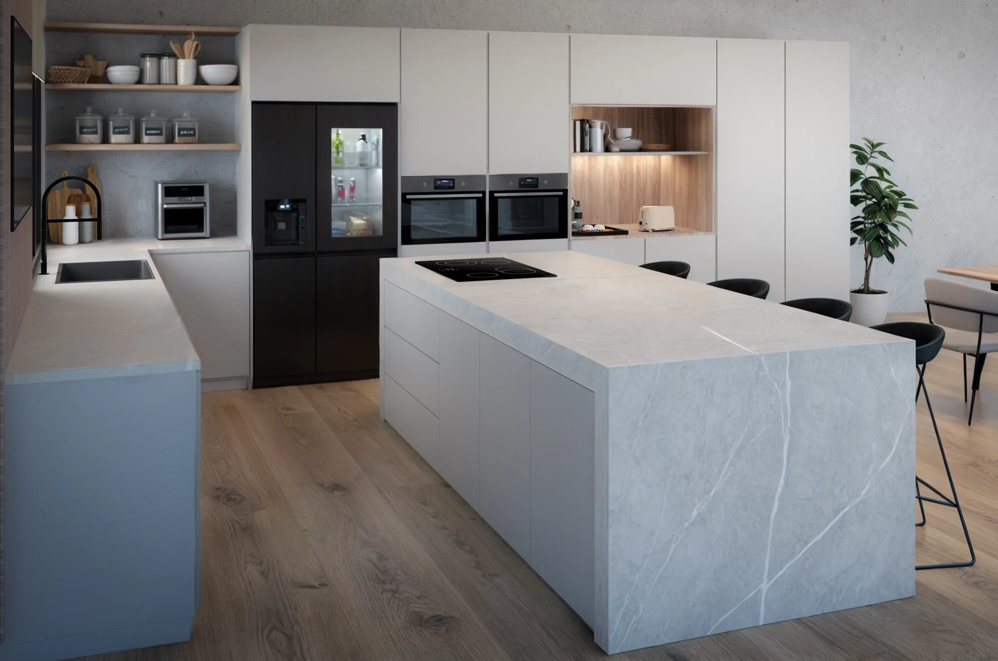 Cocina blanca con isla de mármol