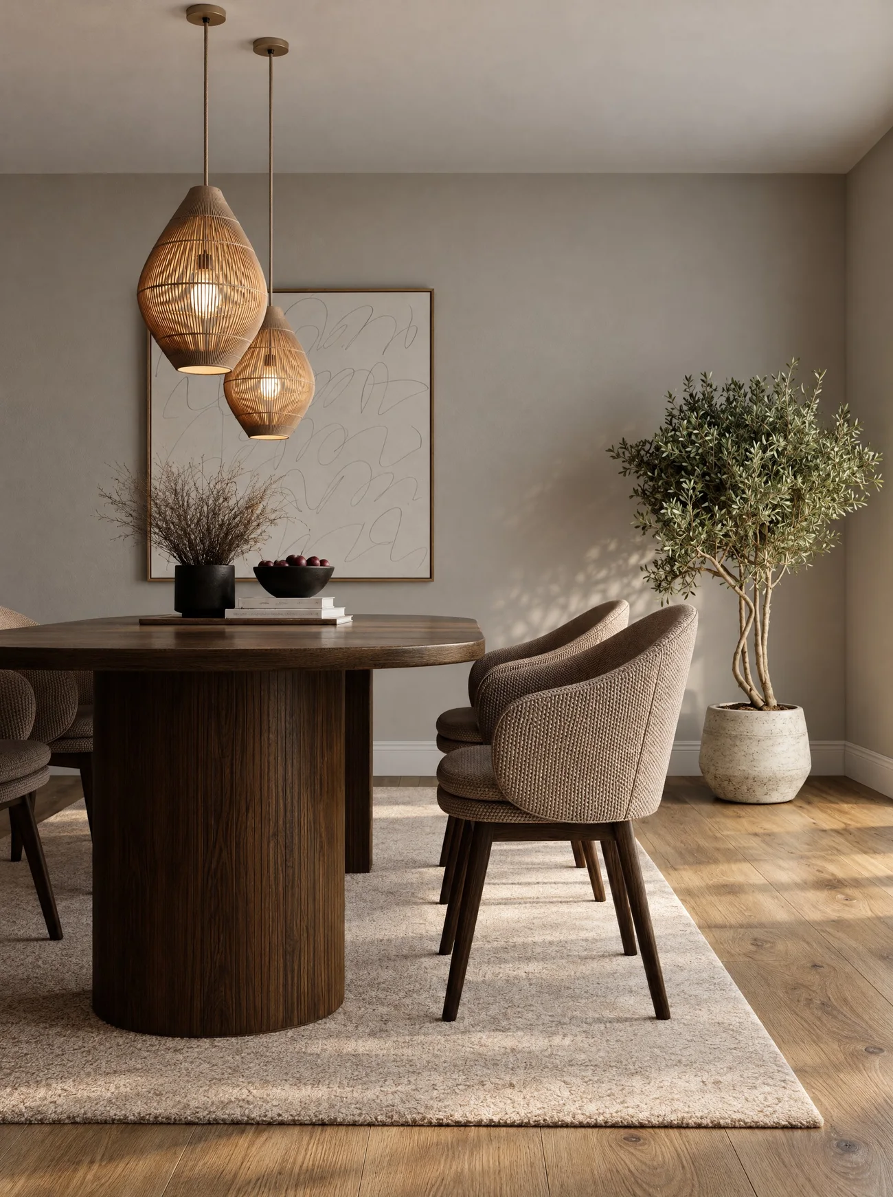 Render de comedor con mesa de roble y lámparas de madera