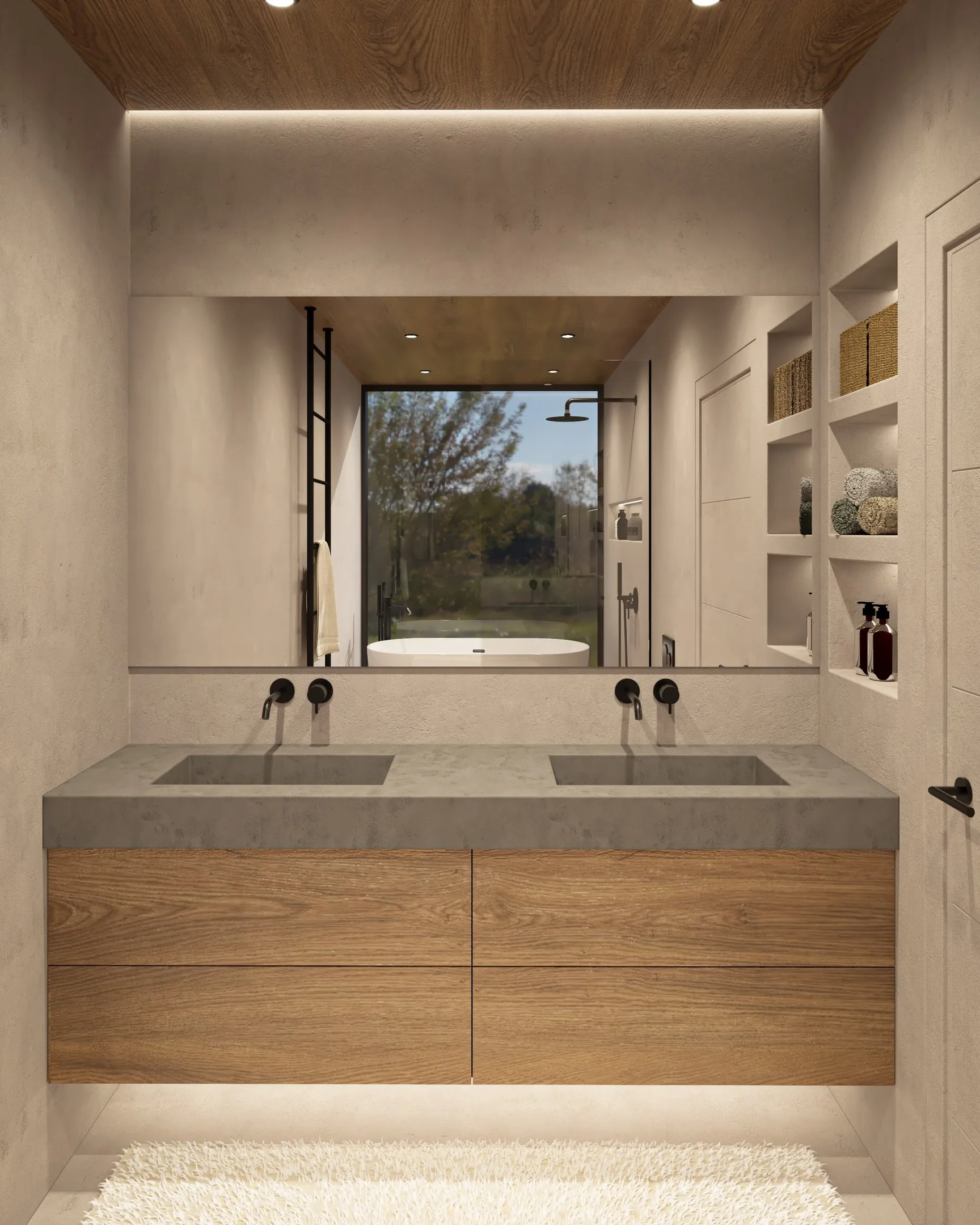 Baño con lavabo de obra y madera