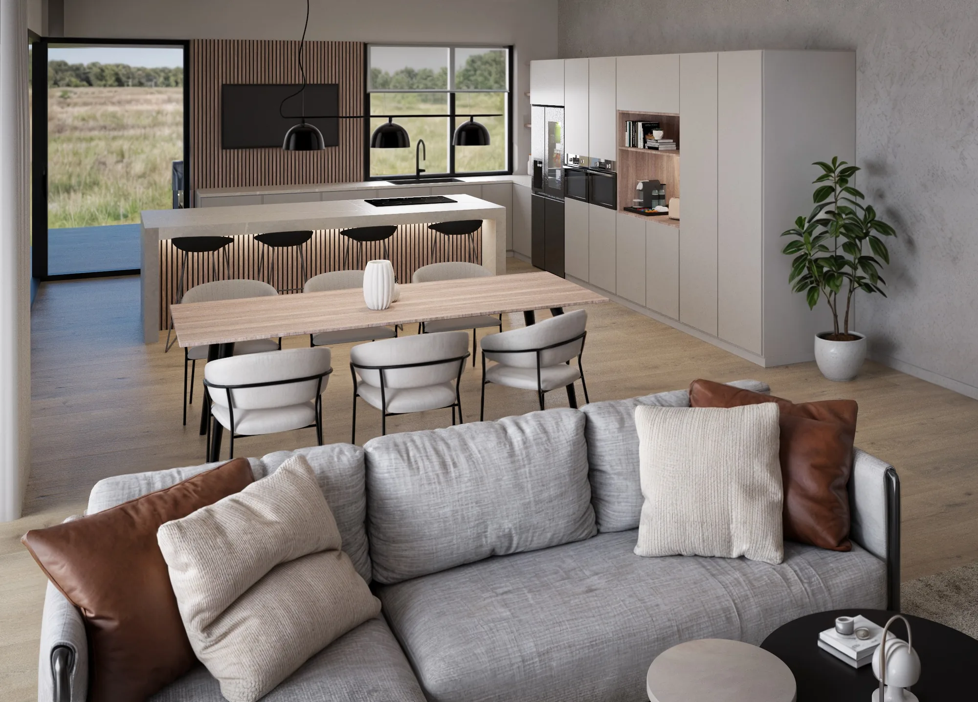 Salón con cocina abierta