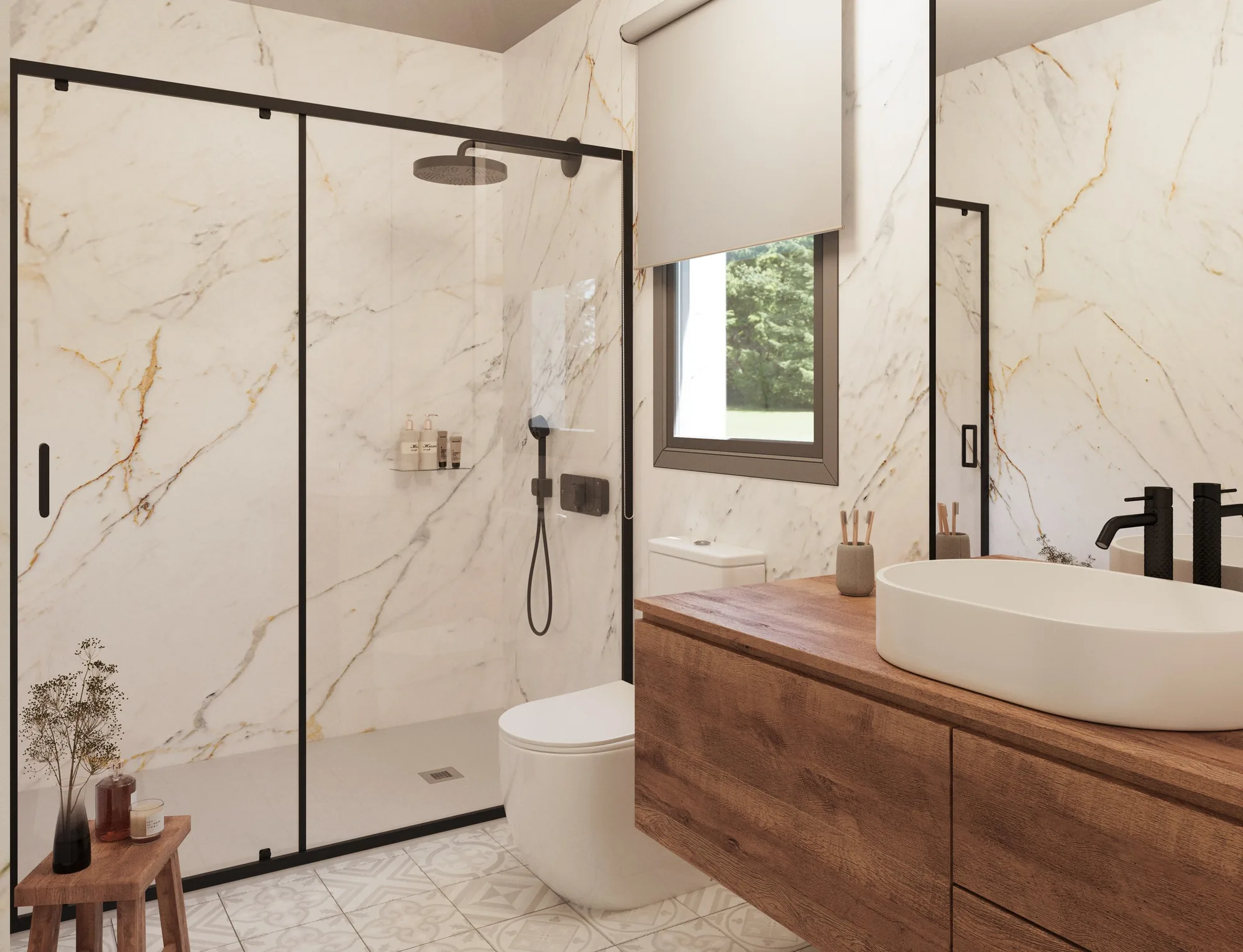Baño en mármol y madera