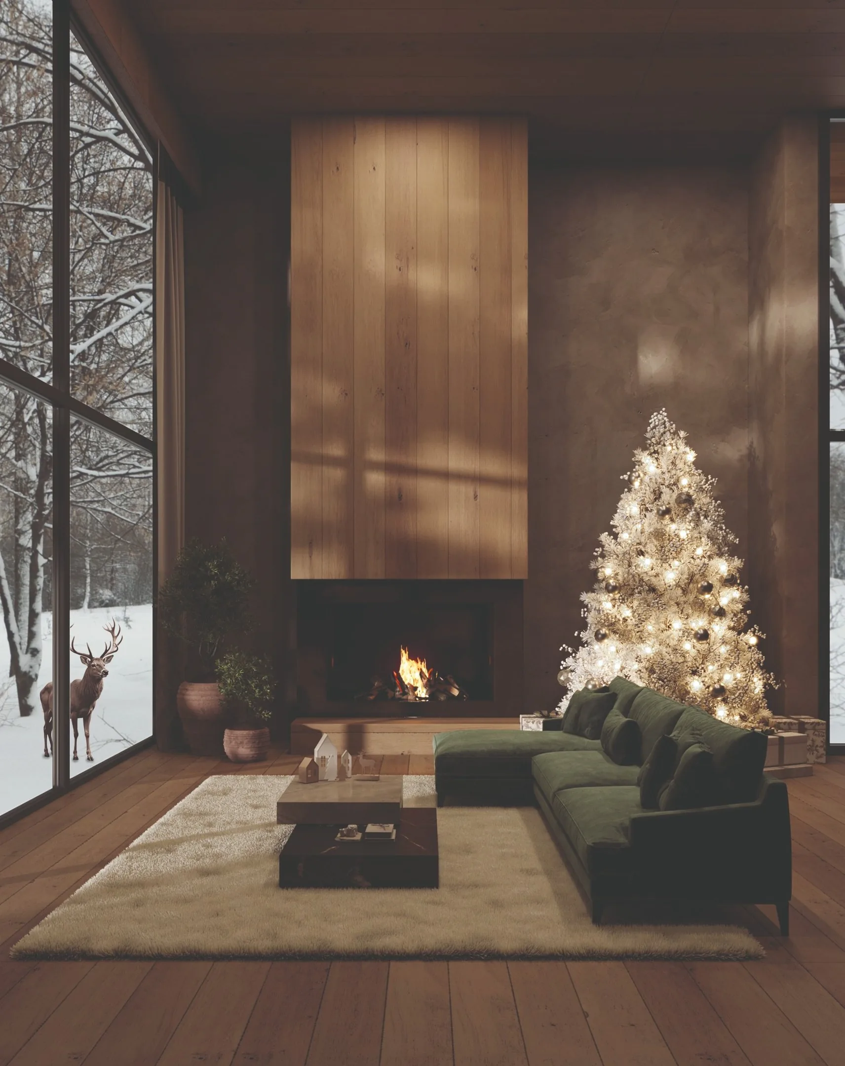 Salón con chimenea, ambiente de invierno
